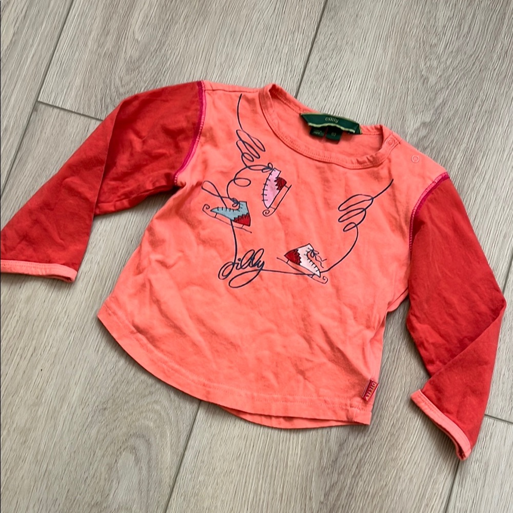 Oilily Ice Skates Orange and Pink Long Sleeve Kids Tee Shirt Size 80 12 months